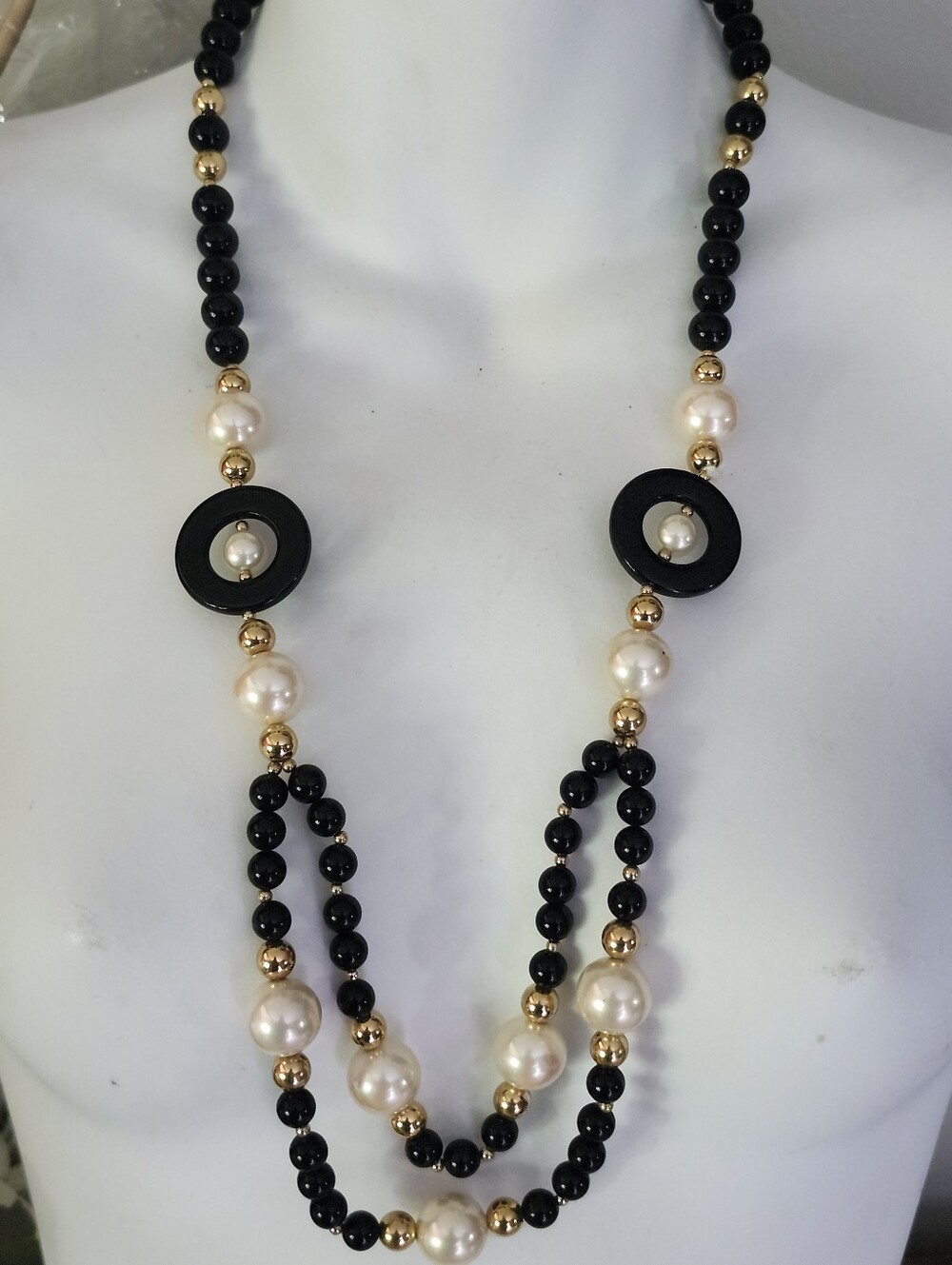 Vtg Trifari Art Deco Style Black and Gold Pearl Beaded Long Necklace